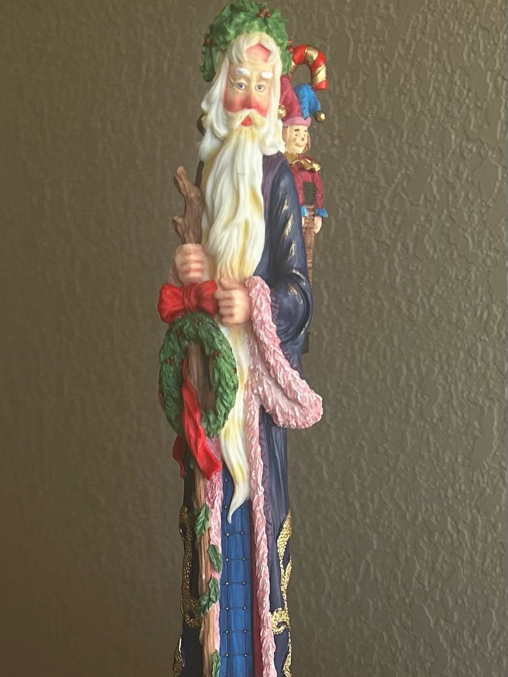 Lenox Blue and Pink Santa with Green Wreath and Gold Accents